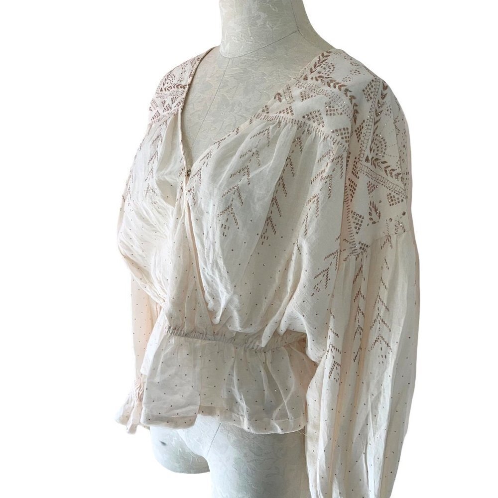 Free People Long Sleeve Blouse Womens Size Small Snap Front Cotton Pink Metallic